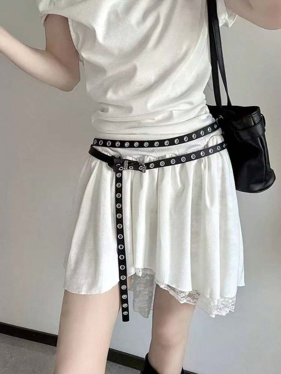 1pc Korean Ins-Style Blogger Fashion Double-Layer Waist Belt, Versatile Leather Belt, Stylish Accessory For Women - Black - View 1