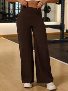 1pc Women High Waist Straight Leg Wide Leg Pants, Sports Trousers - Brown - View 2