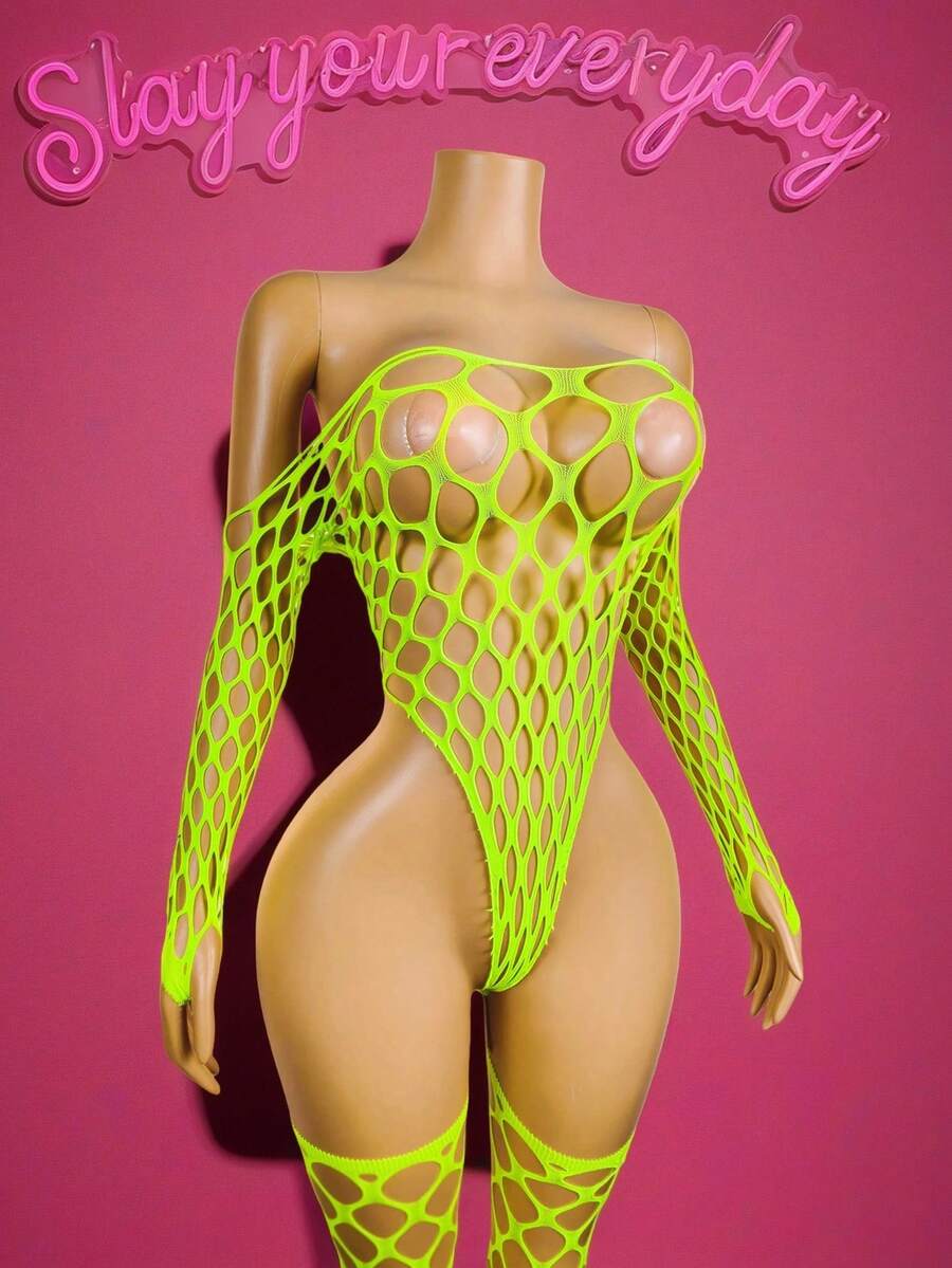 1 Set Women's Long Sleeve Sexy Mesh Sheer Cover-Up, Hollow Out Design, Suitable For Music Festivals, Beach Vacations, Summer Swimwear - Lime Green - View 1
