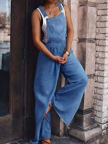Loose Wide Leg  Overalls - Blue - View 2