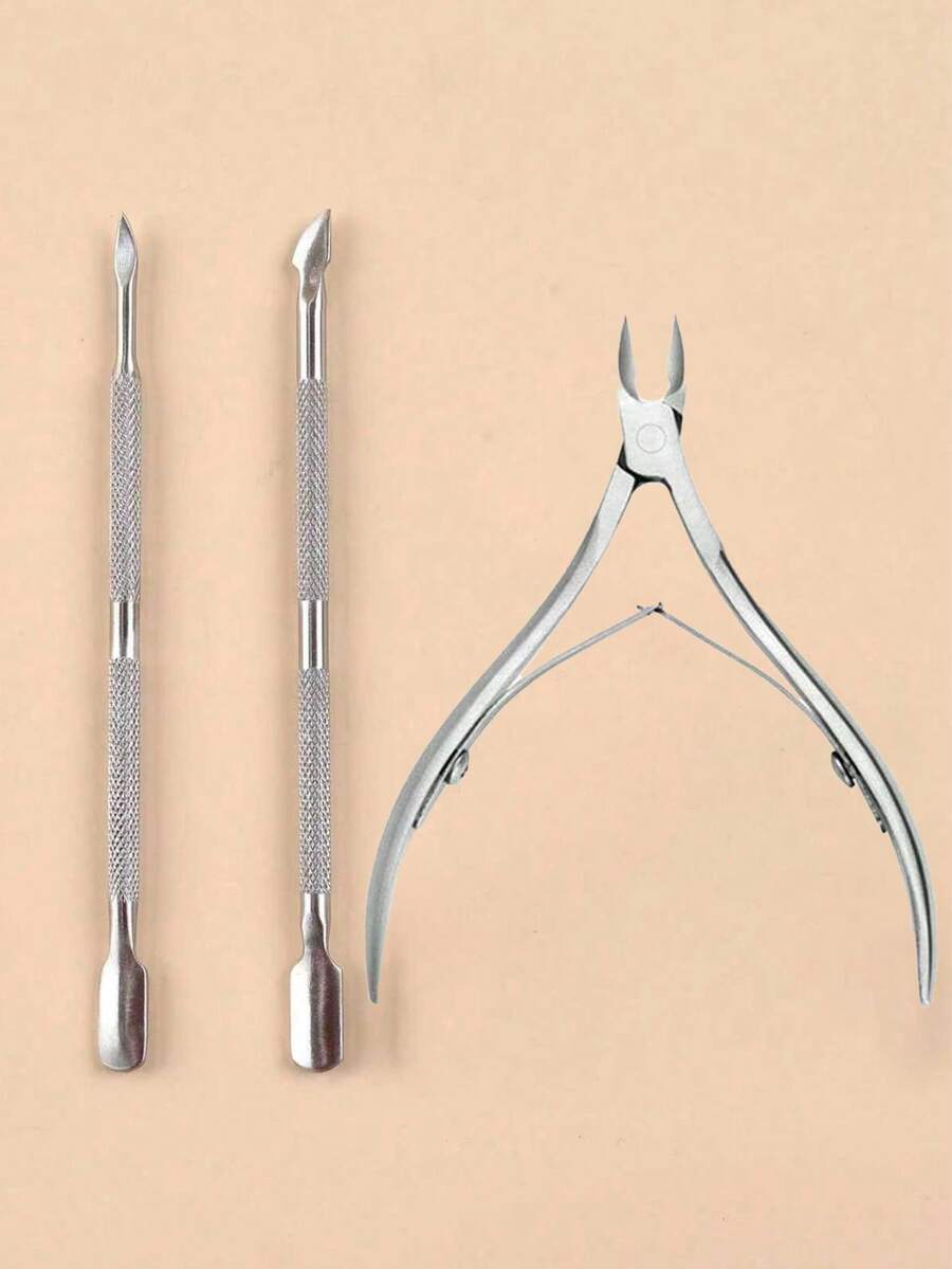 3pcs Stainless Steel Nail Dead Skin Remover Pusher & Pliers Set,Nail Supplies,Nail Tools,Nail Art Tools,Back To School,Nails,Nail Tools For Press On Nails,Manicure Pedicure Tools - Silver - View 1