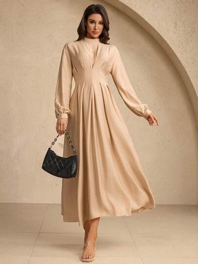 Long Waist-Cinched Solid Color Dress, Fashionable For Summer