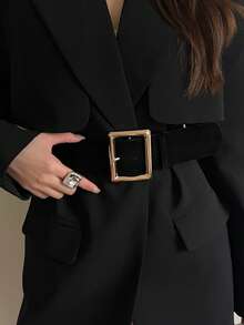 1pc Women's Black PU Suede Fabric Cinched Waist Waist Versatile A-Line Dress - Black - View 9