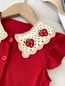 女童休闲时尚格子刺绣领短袖草莓印花连衣裙，夏季 - 紅色 - 查看 4