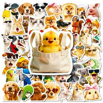 56PCS Kawaii Cats Dogs Funny Meme Stickers Cute Animals Transparent PET Decals Cartoon Decoration DIY Diary Luggage Notebook Guitar Bike Phone Waterproof Gifts