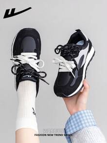 1双 WARRIOR 女士厚底系带软底休闲鞋，低帮户外平底鞋，圆头低跟防滑纯色优雅软底徒步鞋，适合学生，春夏款 - 黑/白 - 查看 7