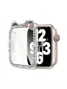 Sanrio 1pc Cartoon Pattern Silver Rhinestone Decorated Fashionable Charm Watch Case, Cute Cat Ear Anti-Fall 2-In-1 Ultra-Thin Tempered Glass Screen Protector, Suitable For Apple Watch 40/41/42/44/45/46mm Case SE/11/10/9/8/7/6/5/4 Series, Smart Watch Case Accessory