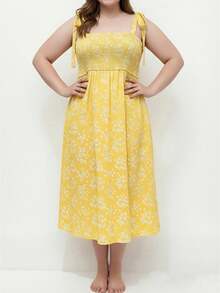 Women's Plus Size Floral Dress Summer Fashionable Smocked Sleeveless Ruffle Hem Long Dress - Yellow - View 1