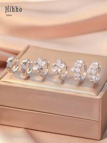 Bộ 6 bông tai tối giản, thời trang, đa năng, đính đá Cubic Zirconia lấp lánh hình hoa, bông tai hình lúa mì, bông tai hình giọt nước, quà tặng trang sức cao cấp. - Bạc - Xem 3