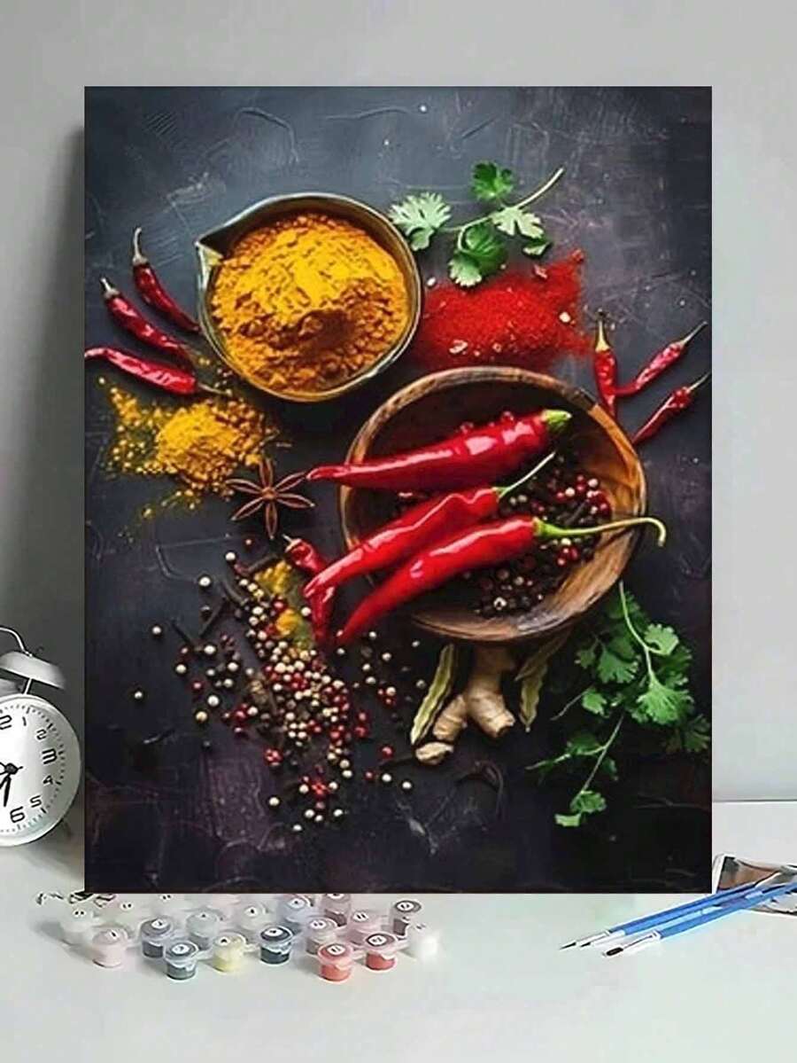 DIY數位油畫套裝－時尚香料與香草圖案，簡易無框DIY畫布藝術品，居家裝飾與創意禮物首選