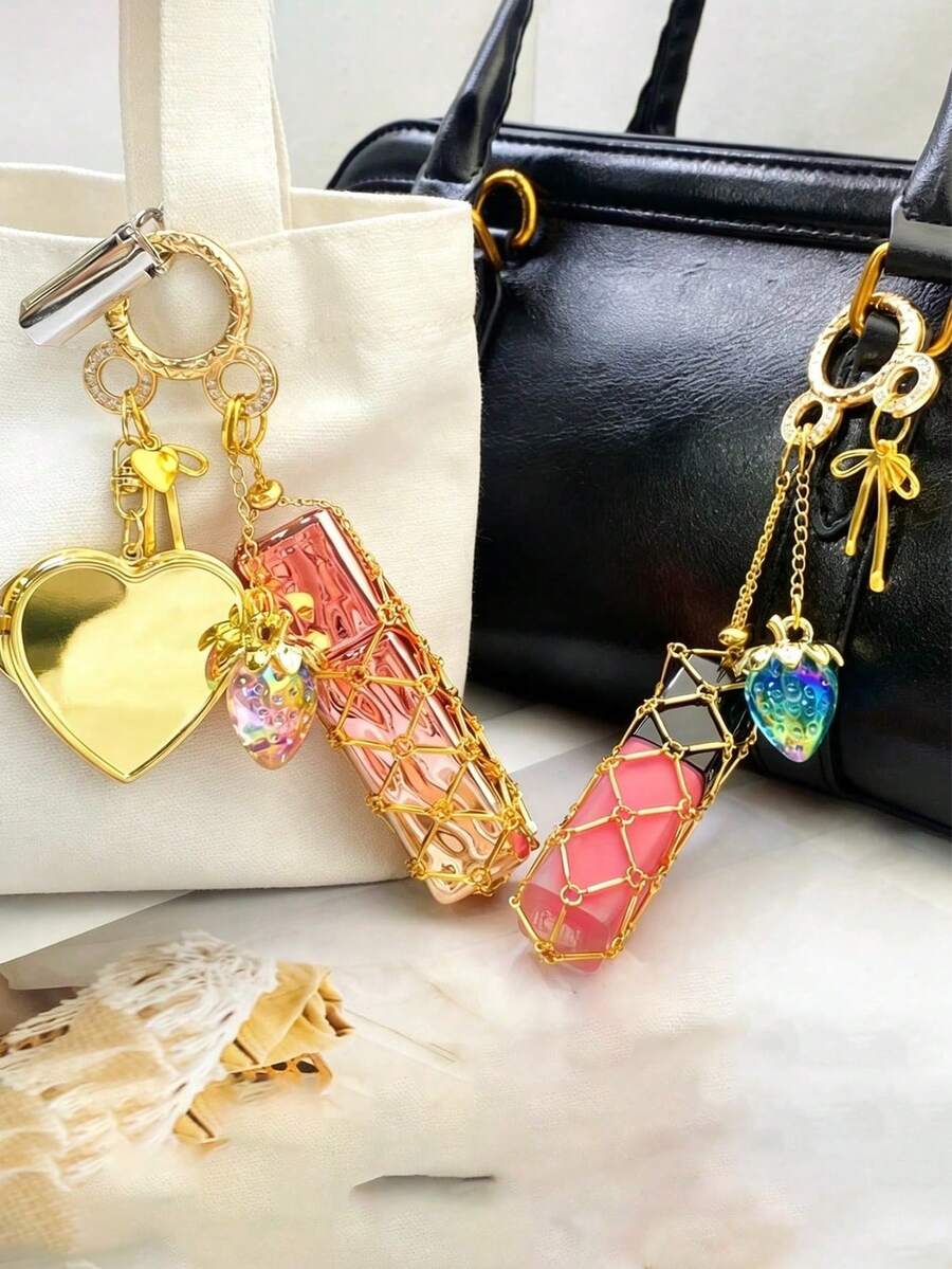 1pc Gold Lipstick Chain Bag With Mesh Pouch, Portable Hanging Bag Suitable For Lipsticks, Lip Balms And Small Items,Fashionable Hanging Lipstick Case, Metal Lipstick Pouch Charm With Interchangeable Stainless Steel Mesh Pouch, Heart And Star Decorated Lipstick Box Keychain, With Mini Mirror, Stylish Lipstick Cosmetic Charm - Multicolor - View 1