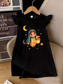 1pc Girls Ruffle Sleeve Dress, Lantern Girl & Moon Graphic Print, Soft & Cozy Fabric-Ideal For Festive Gatherings, Casual Outings, And Spring/Summer Wear. - Black - View 4