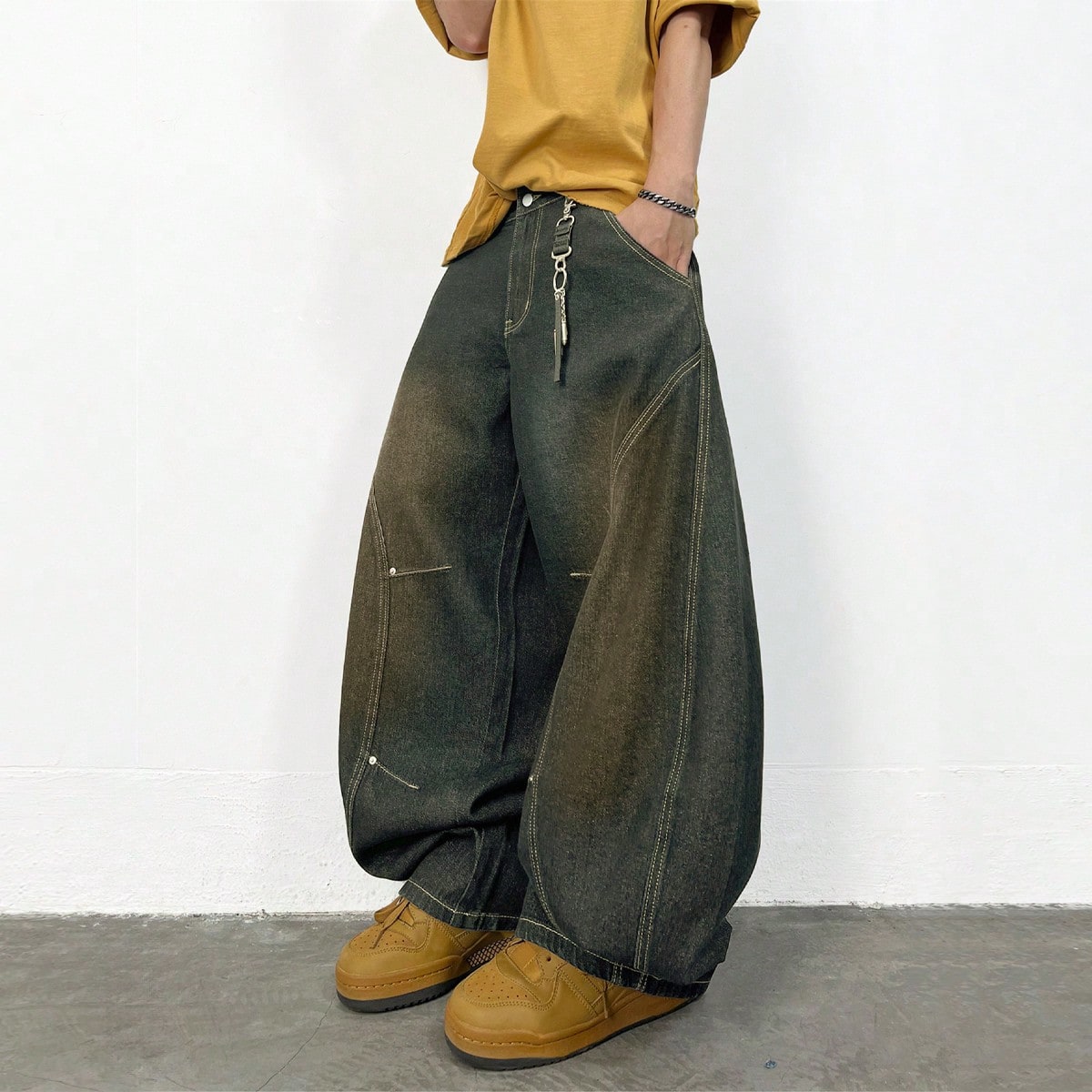 Pieza Jeans acampanados de estilo japonés para hombres, pantalones vaqueros cómodos y casuales de pierna ancha y corte holgado (cinturón y accesori