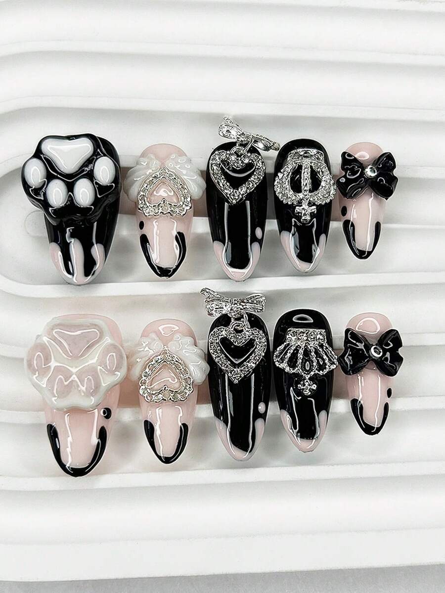 10片Y2K短杏仁形手工按压式美甲，黑色粉色3D蝴蝶结猫爪可爱病娇假指甲翅膀皇冠闪粉美甲用品（1张果冻贴纸+1个指甲锉）