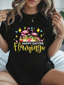 100% Algodón Feliz Pascua Flamenco Conejo Cesta de Huevos Caza Camiseta de Mujer Estampado Camiseta de Algodón para Verano, Top de Manga Corta Suave para Mujeres, Camiseta Estilosa y Cómoda para Mujeres Camisetas Gráficas - Negro - Ver 1