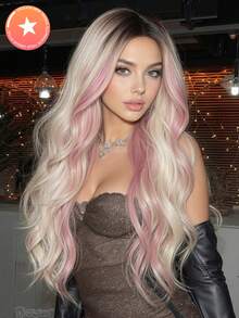 24 Inch Center Parted Long Curly Ombre Pink & Gold Synthetic Heat Resistant Fiber Wig, Women Wigs Suitable For Festivals, Parties And Daily Wear - Pink Highlight - View 11