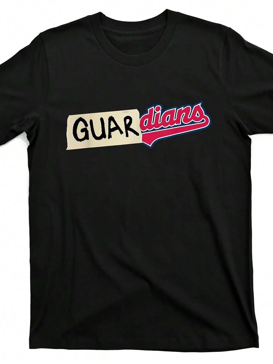 Camiseta gráfica negra para hombres; Guardianes; Cuello redondo casual. Manga corta. Camiseta de algodón para todas las estaciones con diseño rojo y azul llamativo. Camiseta de Ropa Casual con Letras Negritas, Tela de Estiramiento Medio. TALLA - Negro - Ver 1