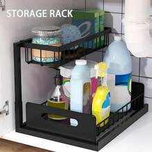 Wysuwany regał pod zlew, dwuwarstwowa przesuwna półka organizera, wielofunkcyjny regał do przechowywania w kuchni i łazience pod zlewem - Czarne - Zobacz 6