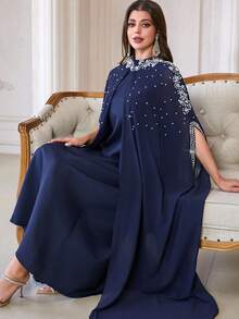 Women's Stand Collar Solid Color 2 In 1 Splicing Open Front Chiffon Dress With Embroidery, Sequins & Beading Decorations, Elegant Long Arabic Style Dress For Banquet, Daily Wear And More Occasions Spring - Royal Blue - View 3