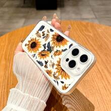 Carcasa de TPU Transparente con Estampado de Girasoles Dorados sobre Fondo Negro Protección Anticaídas con Bordes Elevados para iPhone 16 15 14 13 12 11 Plus Pro Pro Max 16E y  Galaxy Serie Regalo Perfecto para Navidad Amigo Pareja o para Ti Mismo - transparente - Ver 4