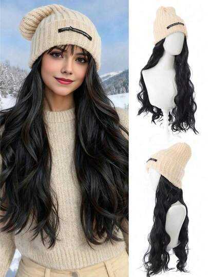 This Beige Knit Beanie With Long Black Wavy Hair-With Its Soft, Warm Silhouette-Becomes The Perfect Centerpiece For Cozy Winter Cottagecore Looks, Ideal For Snowy Outdoor Photoshoots, Rustic Cabin Gatherings, Or Gentle Ski Resort Outings, Where Its Neutral Hue Pairs Flawlessly With Cream Knit Sweaters To Evoke The Relaxed, Charming Spirit Of A Winter Lifestyle Rooted In Comfort And Rustic Warmth