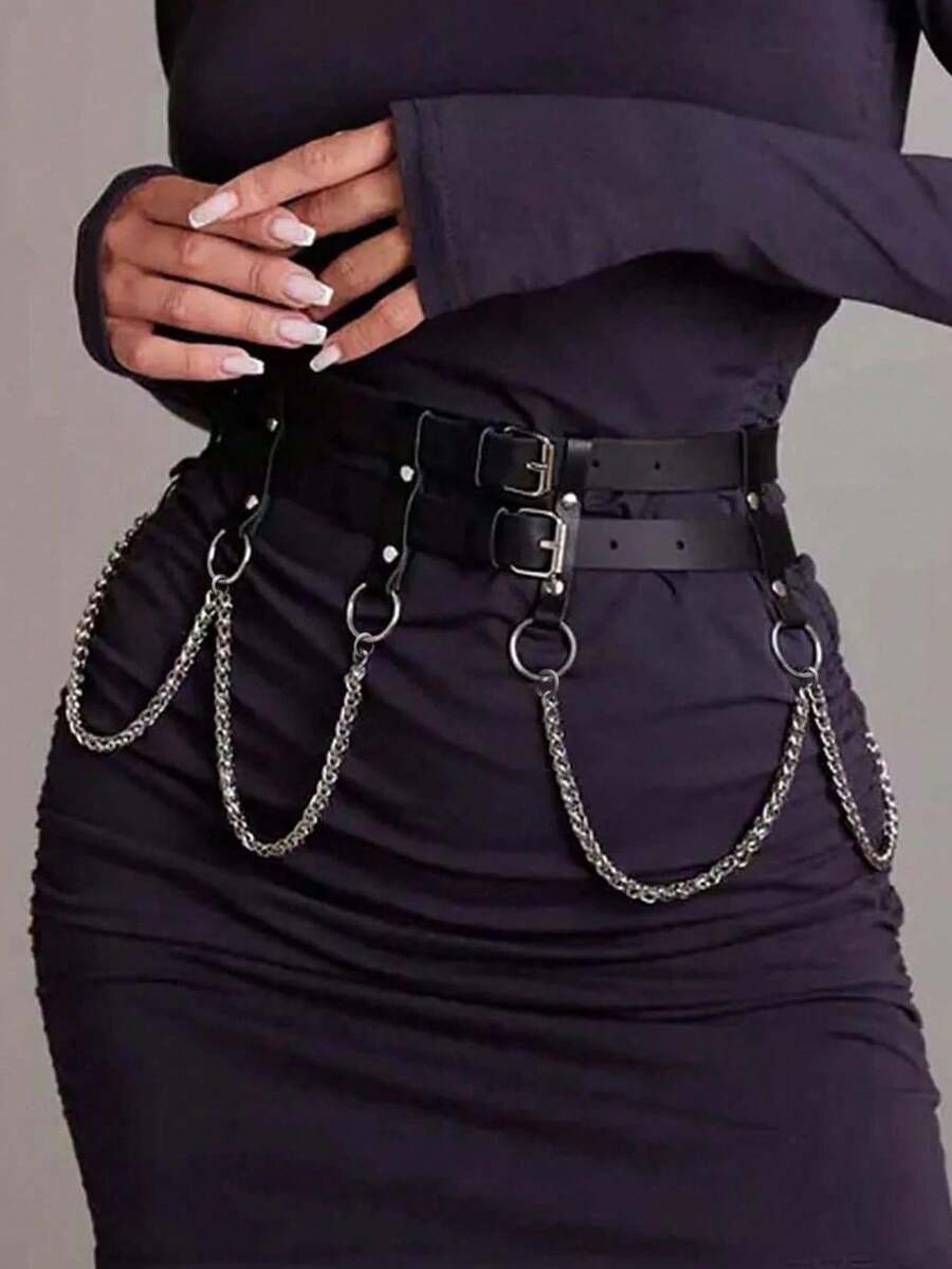 1pc Women's Sexy Gothic Style Waist Chain Decor, Punk Fashion Accessory Suitable For Daily Wear, Parties And Festivals - Black - View 1