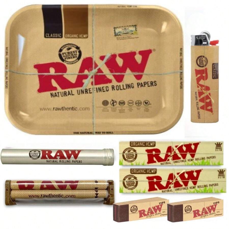 RAW Rolling Tray Kit Organic Papers Tips 110mm Roller Tube BIC Lighter - 如圖所示 - 查看 1