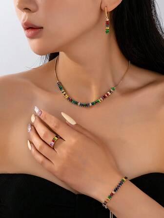 1 Set Nuevo Diseño Elegante Europeo y Americano Juego de Joyas de Cadena de Circonita de Colores, Collar, Pulsera, Pendientes, Anillo, Traje de Joyería de Alta Gama para Mujer, Adecuado para el Día de San Valentín, Navidad, Decoración para Varias Ocasiones