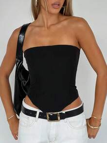 Womens Strapless Bustier Corset Top Y2k Lace Up Boned Overbust Corset Bodyshaper Tube Top Going Out Bustier - màu đen - Xem 3
