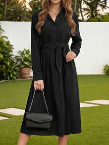 大码女士优雅黑色长袖衬衫裙 - 时尚商务休闲风，周末早午餐皆宜，系带设计，纽扣闭合，适合春夏秋季穿着 - 黑色 - 查看 2