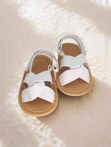 1 par de sandalias planas cómodas y antideslizantes con diseño de moño de denim para bebé, adecuadas para el verano - Blanco - Ver 12