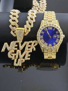 1 套 Bling Bling“永不放弃”吊坠项链、链、手链、男士手表、经典配饰,馈赠亲朋好友的绝佳礼物 - 紅色 - 查看 40
