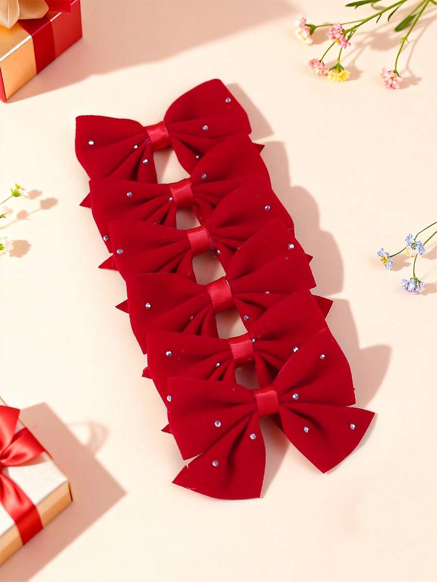 6pcs/Set Teen' Red Rhinestone Bow Hair Clips, Gift Choice For Valentine's Day - Multicolor - View 1