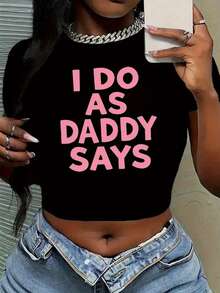 女士夏季字母印花短袖休闲T恤，女士度假装，女士情人节装，女士夏季装，夏季服装，女士春季服装 - 黑色 - 查看 1