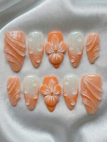 10 PCS Handmade Medium Almond Press On Nails, Y2K Juicy Peach Orange Gradient & 3D Flower With Water Droplets, Removable Reusable Nail Set (Jelly Glue & Nail File Incl.)