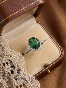 Stylever 1pc 925 Sterling Silver 8*10mm Micro Pave Super Sparkle Ring For Women Stylish Wedding Anniversary Gifts Fine Jewelry Daily Life Dating Decor - Green Stone - View 5