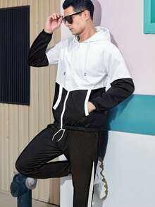 Men's Fashionable Casual Colorblock Tracksuit - Polyester Hooded Jacket And Pants, Machine Washable Sports - Black - View 7