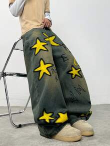 1件 Justice Brother 复古印花男士宽松阔腿牛仔裤，休闲品牌裤装（不含腰带和配饰） - 藍色 - 查看 6