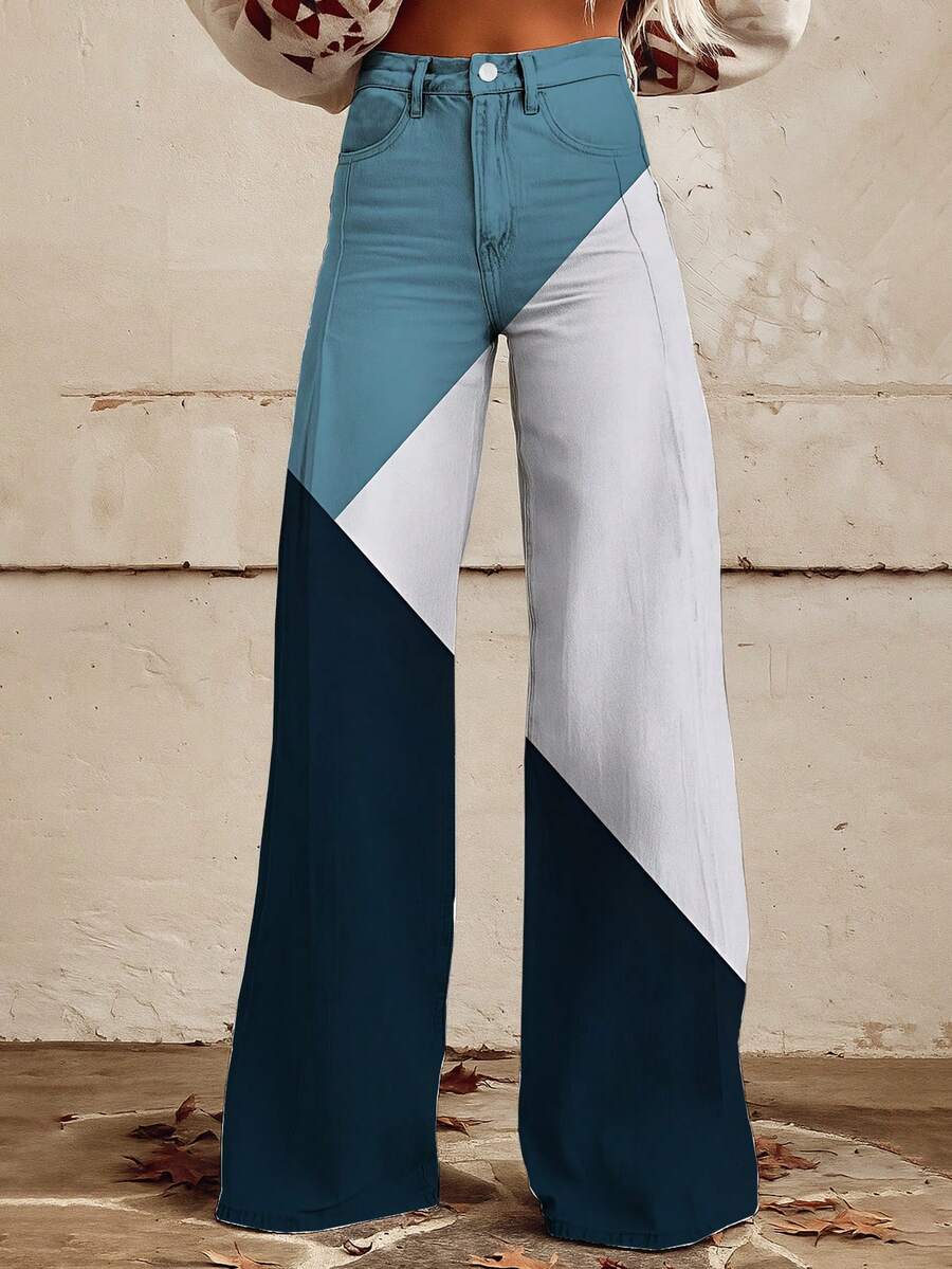 [Denim Print/Imitation Denim] Women's 3D Printed Wide-Leg Trousers - Turquoise/Navy/Beige/Gray/White Imitation Denim Pants, Straight-Leg Winter Pants With White Piping (No-Stretch) For Casual & Formal Outfits, Machine Washable Jeans-Like Bottoms - 黑色 - 查看 1