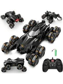 1辆2.4GHz 8WD特技遥控车，全地形攀爬车，带自动演示、360°旋转、音乐和LED灯，漂移遥控玩具，适合3-12岁男孩女孩，生日、圣诞节、万圣节、复活节、新年创意礼物（黑色）
