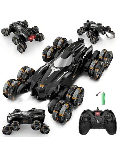 1辆2.4GHz 8WD特技遥控车，全地形攀爬车，带自动演示、360°旋转、音乐和LED灯，漂移遥控玩具，适合3-12岁男孩女孩，生日、圣诞节、万圣节、复活节、新年创意礼物（黑色）