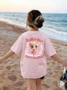 1件女童休闲印花圆领短袖T恤，夏季学生童装 - 这款印有山海经人物图案的T恤，为每个孩子带来欢乐和幸福！芭蕾舞演员卡布奇娜 - 粉色 - 查看 2
