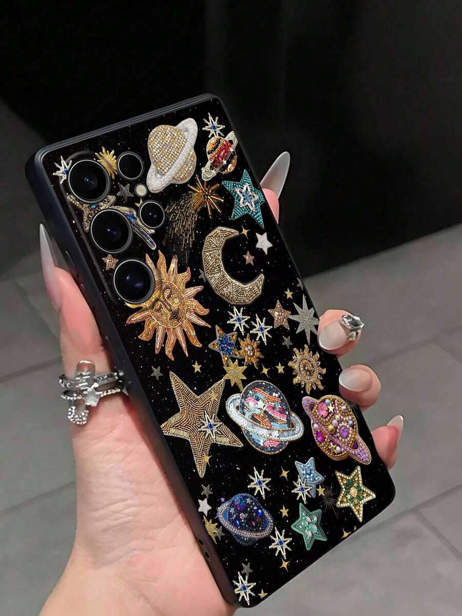黑色星形图案水钻星球手机壳，单件装，黑色，星球图案，防摔防滑，兼容安卓手机，例如A04/A05s/A13/A14/A15/A16/A34/A35/A36/A2/A53/A54/A55/A56/S21/S22/S24/S25/S26/S26 Ultra/26+/6A/7A/8A/9/10 Pro X/Moto 8/G85，适合作为礼物送给朋友和家人，生日、周年纪念日皆宜，国际版，非国内版。 - 黑色 - 查看 1