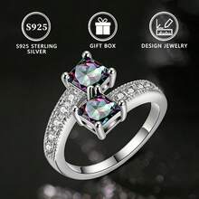 Anel de Mulher de Prata 925 com Zircônia Cúbica Iridescente de Duas Cabeças, Anel Minimalista Retrô da Moda para Mulheres - Prata - Visão 7