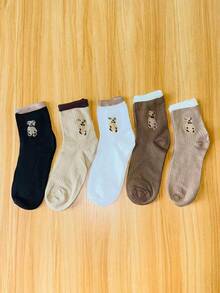 5双装韩版女士长款毛绒袜，可爱小熊图案，四季皆宜