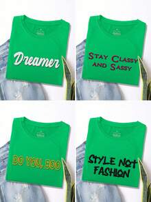 定制女士T恤，女士短袖T恤，女士T恤，可输入文字、标语、趣味字母、祝福语等，定制您专属的短袖T恤，趣味礼物，惊喜礼物，休闲女士外套，运动户外，女士运动服，植绒印花，适合外出/购物/度假/派对/聚会/旅行 - 綠色 - 查看 2