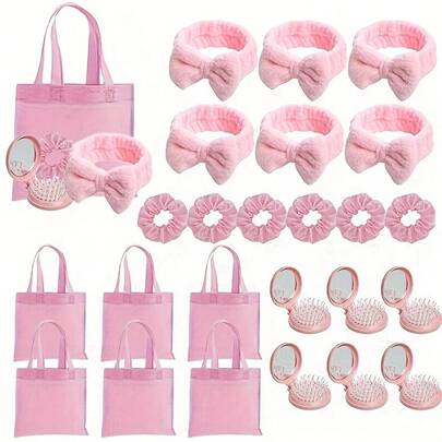 24 piezas/4 sets Conjunto de recuerdos para fiesta de baby shower, incluye 6 diademas con moño de peluche, 6 scrunchies para el cabello, 6 espejos de maquillaje y 6 bolsas de regalo, adecuado para despedida de soltera, baby shower, fiesta de spa, fiesta de cumpleaños, revelación de género, fiesta de soltera