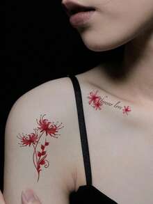 （30张/套）曼珠萨红彼岸花临时纹身贴纸，爱情主题人体彩绘，哥特式悲伤回忆风格，适合女孩和女性，可用于脚踝、手腕装饰，适合旅行、派对，防水持久逼真 - 紅色 - 查看 4