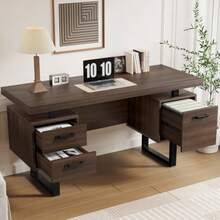 135 X 54 Cm Simple Office Desk, MDF And High-Quality Steel Tubing, Silent Drawer, File Drawer, Splash-Proof, Spacious Desktop, Efficient Storage, Brown - Black + Brown - View 1