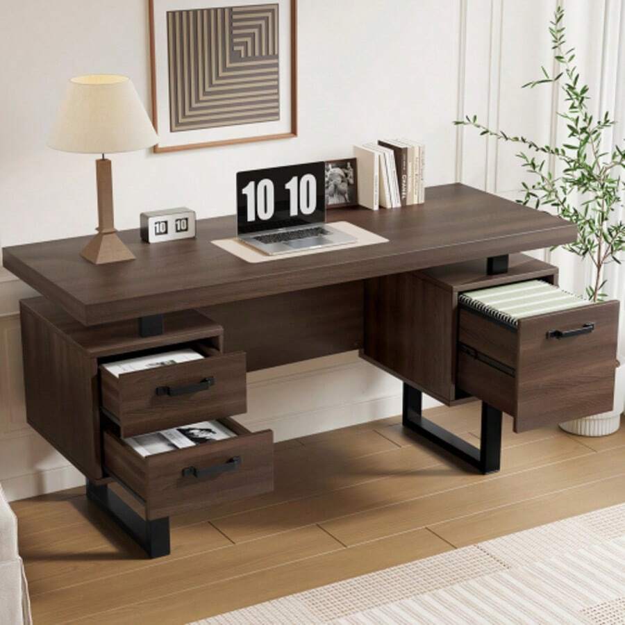 135 X 54 Cm Simple Office Desk, MDF And High-Quality Steel Tubing, Silent Drawer, File Drawer, Splash-Proof, Spacious Desktop, Efficient Storage, Brown - Black + Brown - View 1